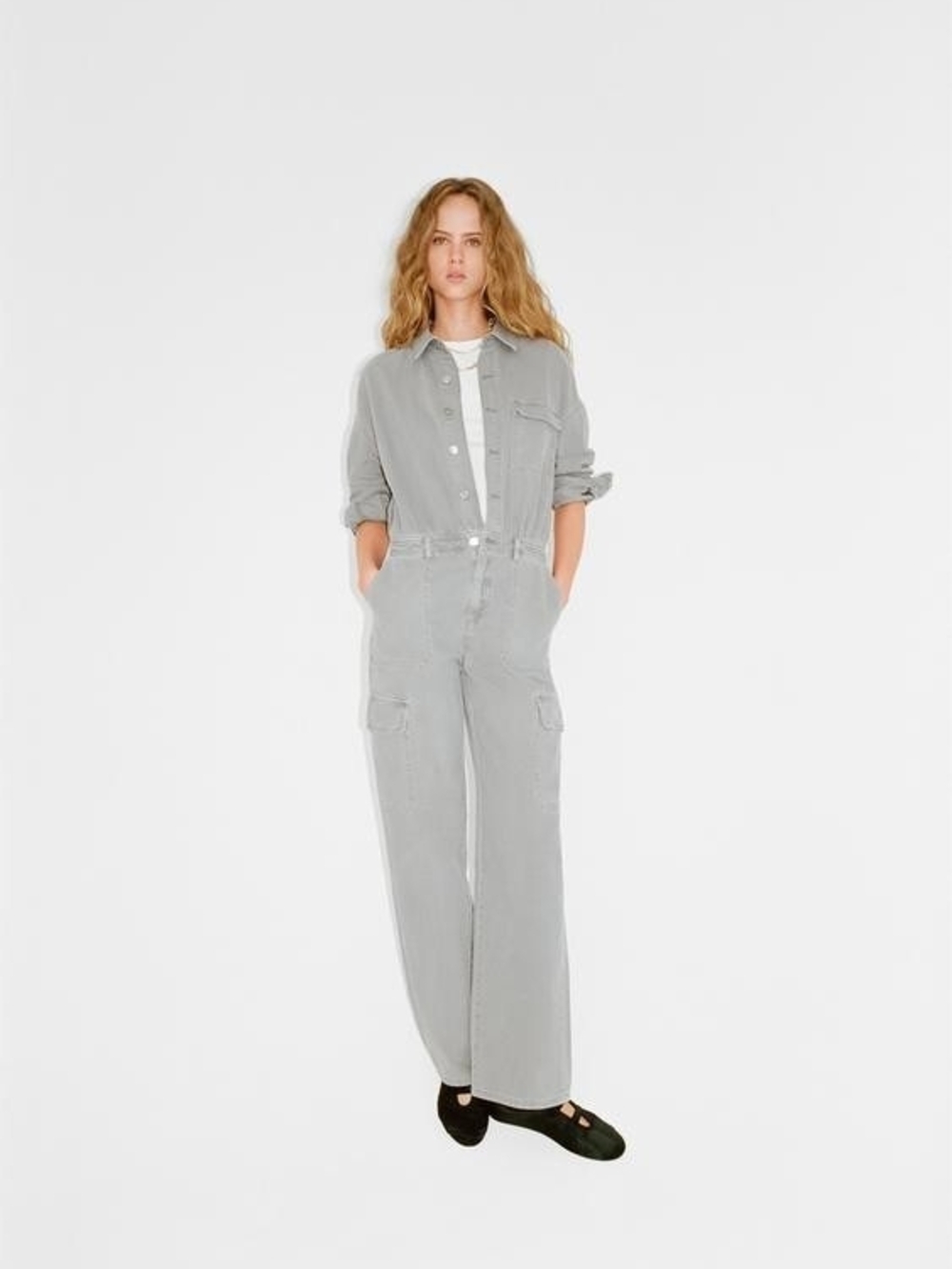 Zara Light Gray Wide-Leg Cargo Denim Jumpsuit
